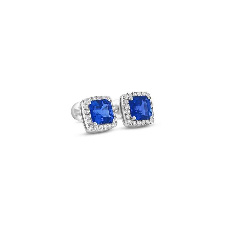 Square Emerald Cut Tanzanite & Diamond Stud Earrings
