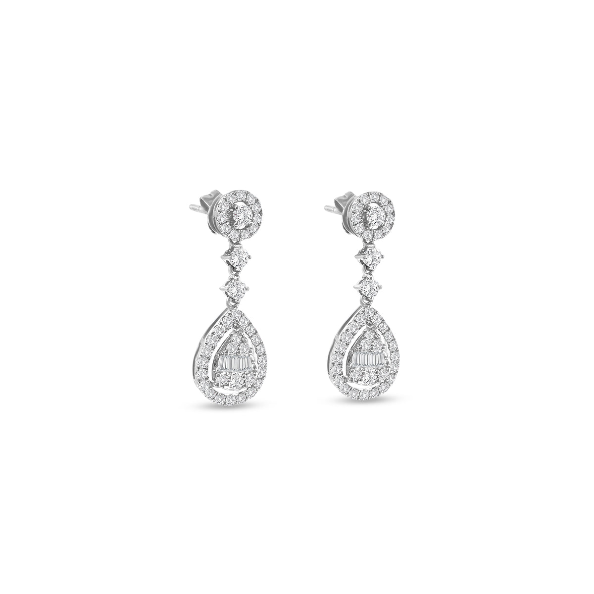 Round Brilliant & Baguette Diamond Drop Earrings