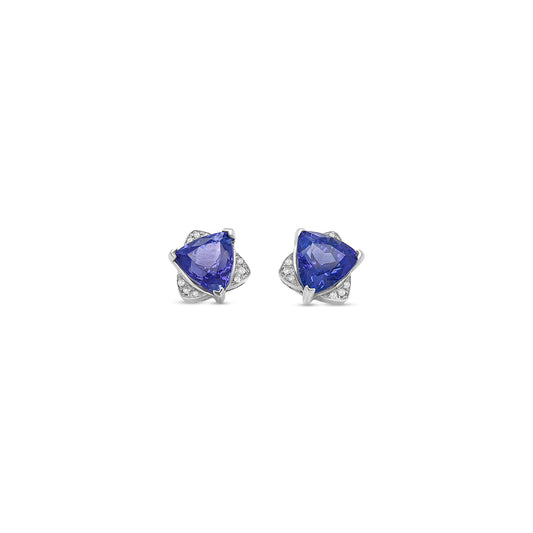 These stunning trillion cut tanzanite and diamond stud earrings are a perfect blend of vibrant color and timeless elegance. Featuring brilliant trillion-shaped tanzanite gemstones, each framed by sparkling diamond accents, these earrings exude sophistication and charm. The unique trillion cut enhances the tanzanite's vivid blue-violet hues, while the diamonds add a touch of radiant brilliance. Perfect for adding a pop of color to any outfit or as a thoughtful gift, these earrings are a dazzling expression o