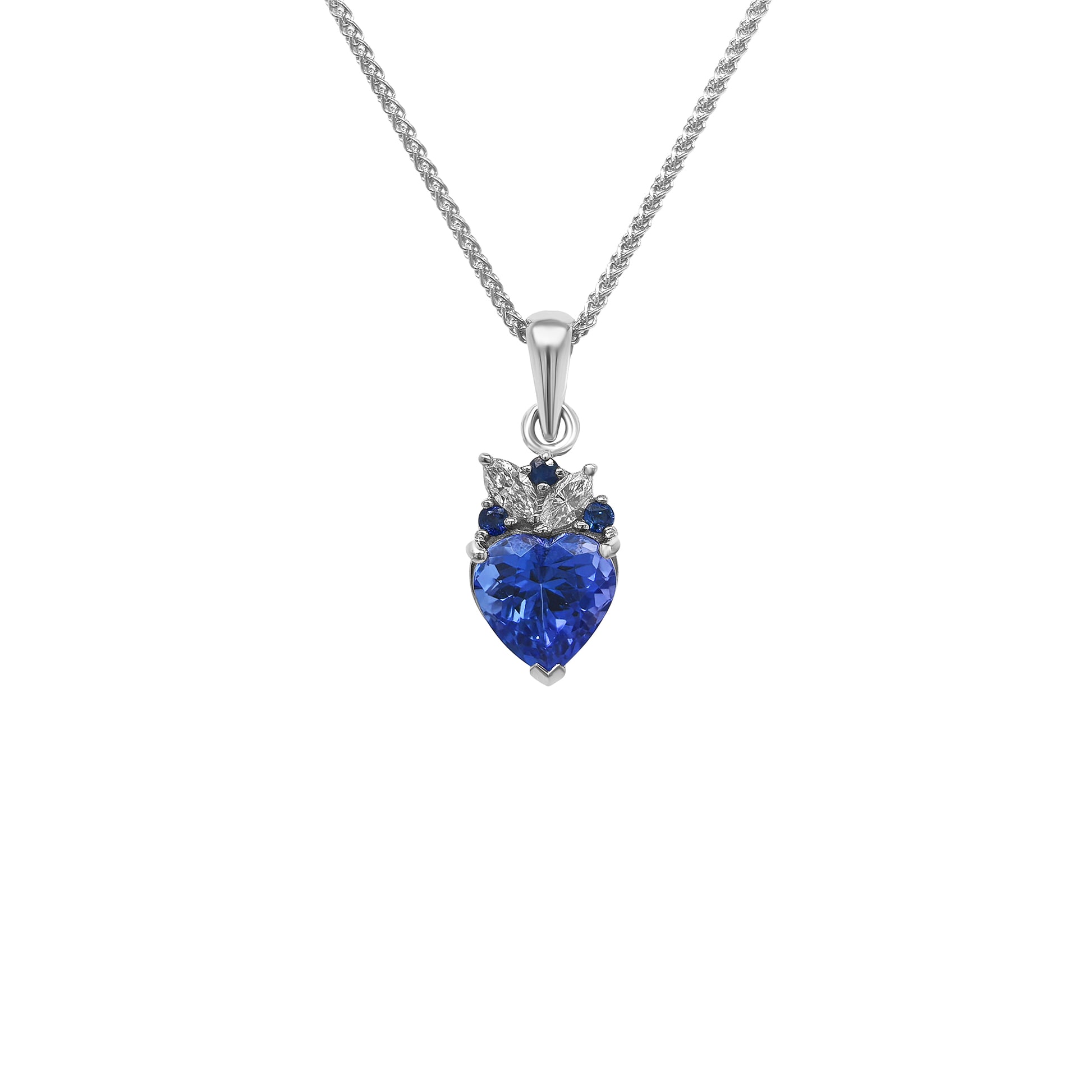 Make a statement with our heart-shaped tanzanite gemstone pendant, framed by dazzling sapphires and marquise diamonds.