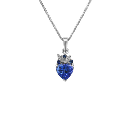 Make a statement with our heart-shaped tanzanite gemstone pendant, framed by dazzling sapphires and marquise diamonds.