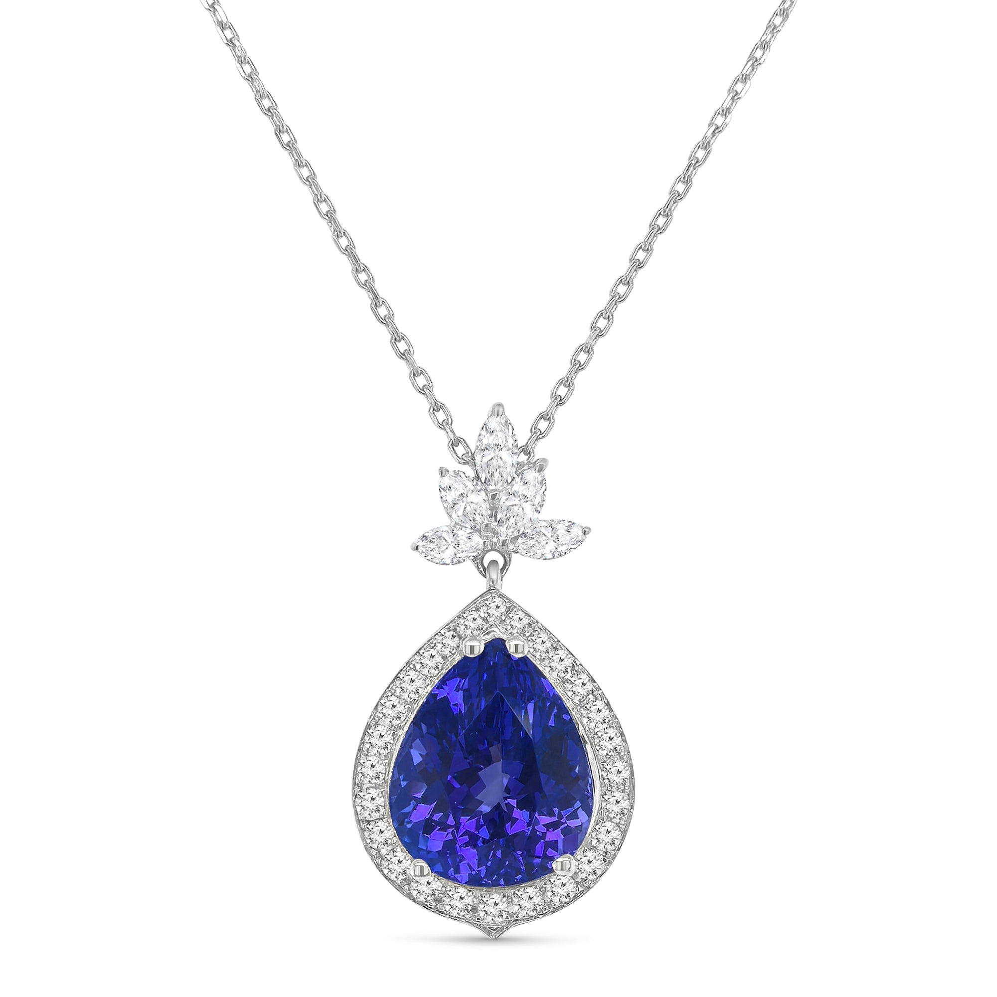 Pear shape tanzanite pendant, tanzanite and diamond halo pendant, pear cut gemstone jewelry, elegant tanzanite necklace, fine jewelry pendant, luxury gemstone necklace, pear cut tanzanite diamond pendant, halo tanzanite pendant necklace, designer gemstone pendant, tanzanite birthstone jewelry.