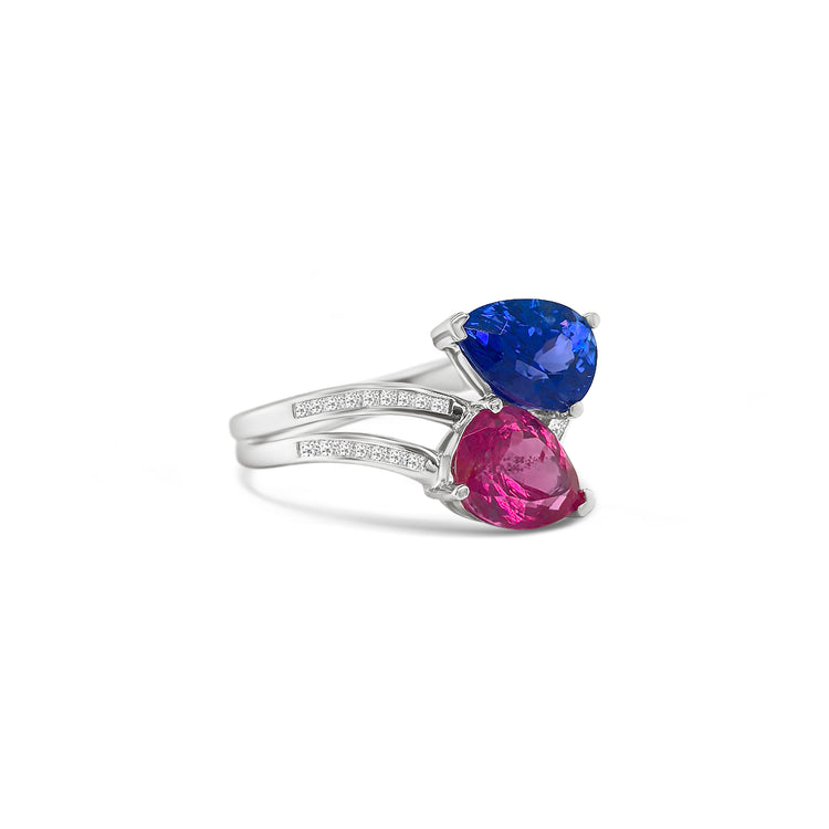 Two-toned Pear Shape Tanzanite, Spinal & Diamond Ring