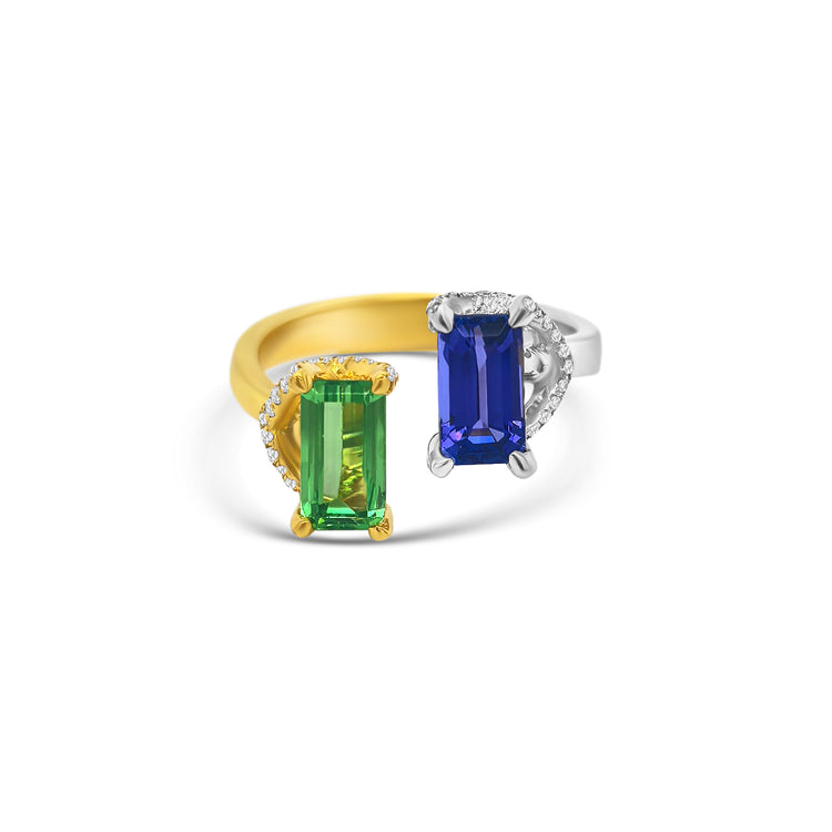 Two-toned Emerald Tanzanite, Tsavorite & Diamond Ring