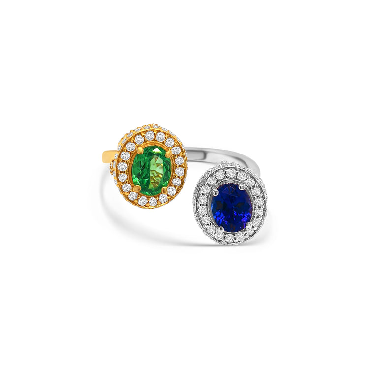 Two-toned Oval Tanzanite, Tsavorite & Diamond Halo Ring
