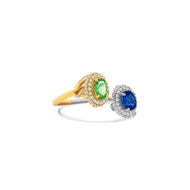 Two-toned Oval Tanzanite, Tsavorite & Diamond Halo Ring