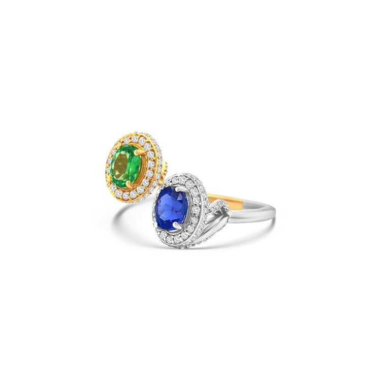 Two-toned Oval Tanzanite, Tsavorite & Diamond Halo Ring