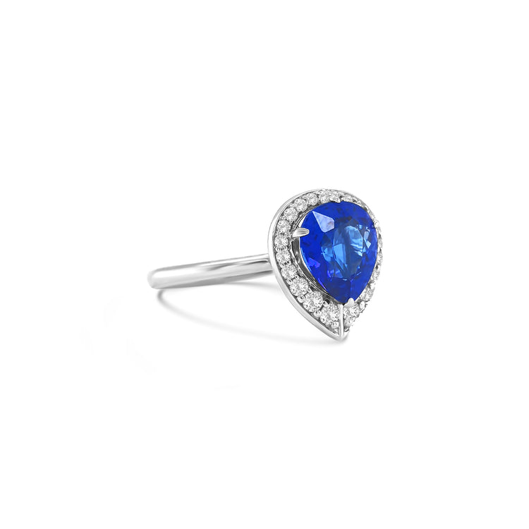 Pear Shaped Tanzanite & Diamond Halo Ring
