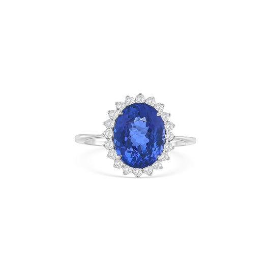 Oval Cut Tanzanite & Floral Halo Diamond Ring