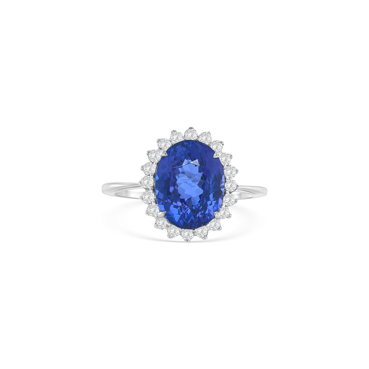 Oval Cut Tanzanite & Floral Halo Diamond Ring