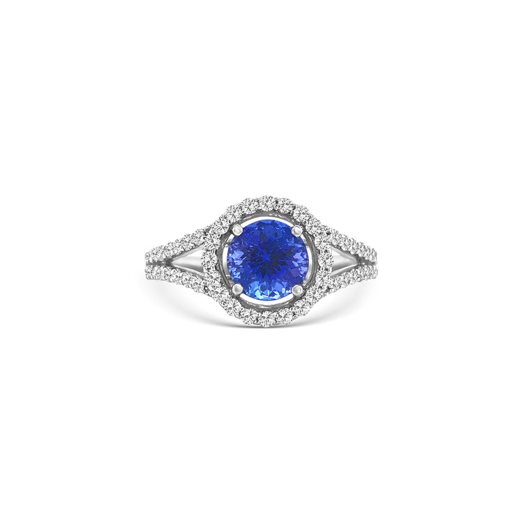 Round Cut Tanzanite &  Diamond Halo Ring