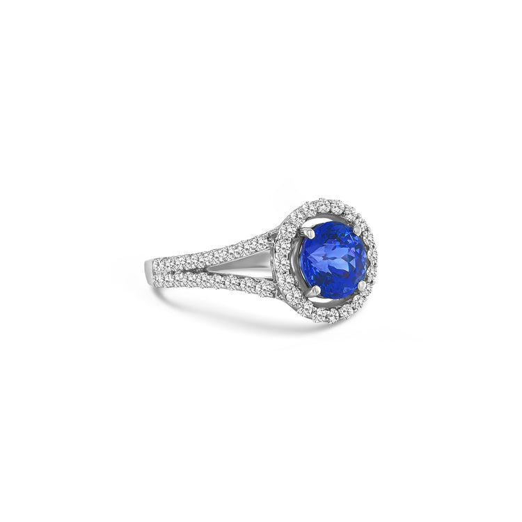 Round Cut Tanzanite &  Diamond Halo Ring