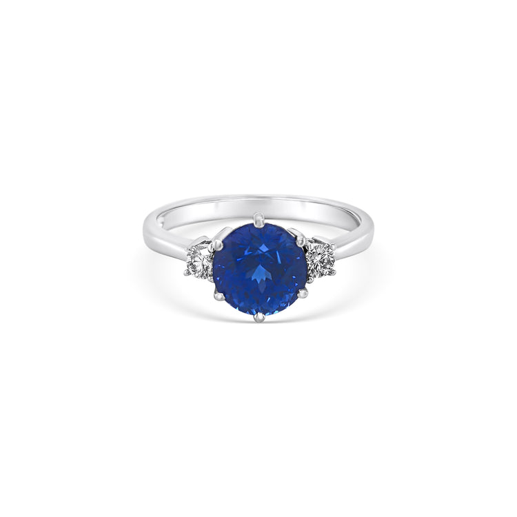 Round cut Tanzanite & Diamond Trilogy Ring