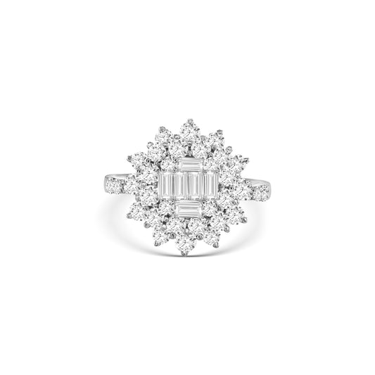 Round Brilliant & Baguette Cut Floral Illusion Diamond Ring