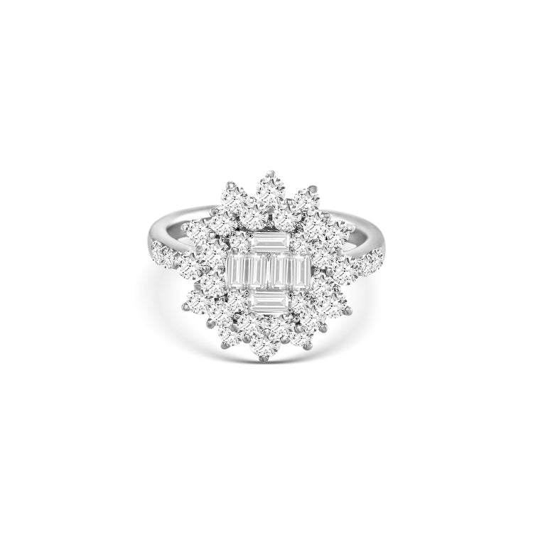Round Brilliant & Baguette Cut Floral Illusion Diamond Ring