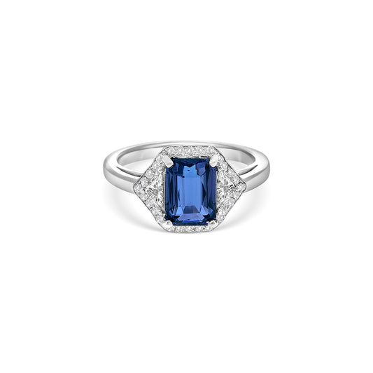Emerald Cut Blue Sapphire and Diamond Halo Ring