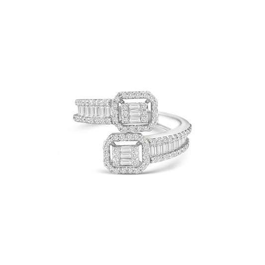Double illusion baguette diamond bypass ring, Open shank ring with twin emerald-cut illusion clusters, Modern bypass diamond ring with halo settings, Twin-head baguette and round diamond designer ring, Elegant open band ring with double rectangular diamond halos, Contemporary high-jewellery baguette diamond ring, White gold bypass ring with illusion emerald-cut centers