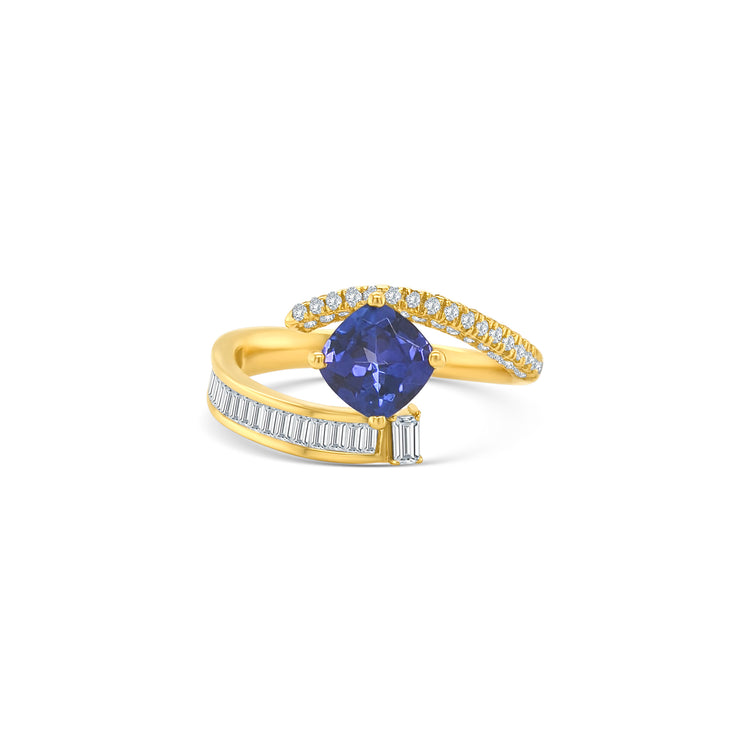 Cushion Cut Tanzanite, Round Brilliant & Baguette Diamond Ring