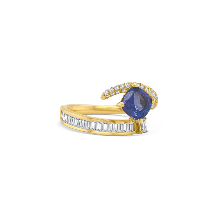 Cushion Cut Tanzanite, Round Brilliant & Baguette Diamond Ring