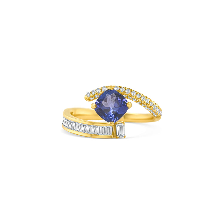 Cushion Cut Tanzanite, Round Brilliant & Baguette Diamond Ring