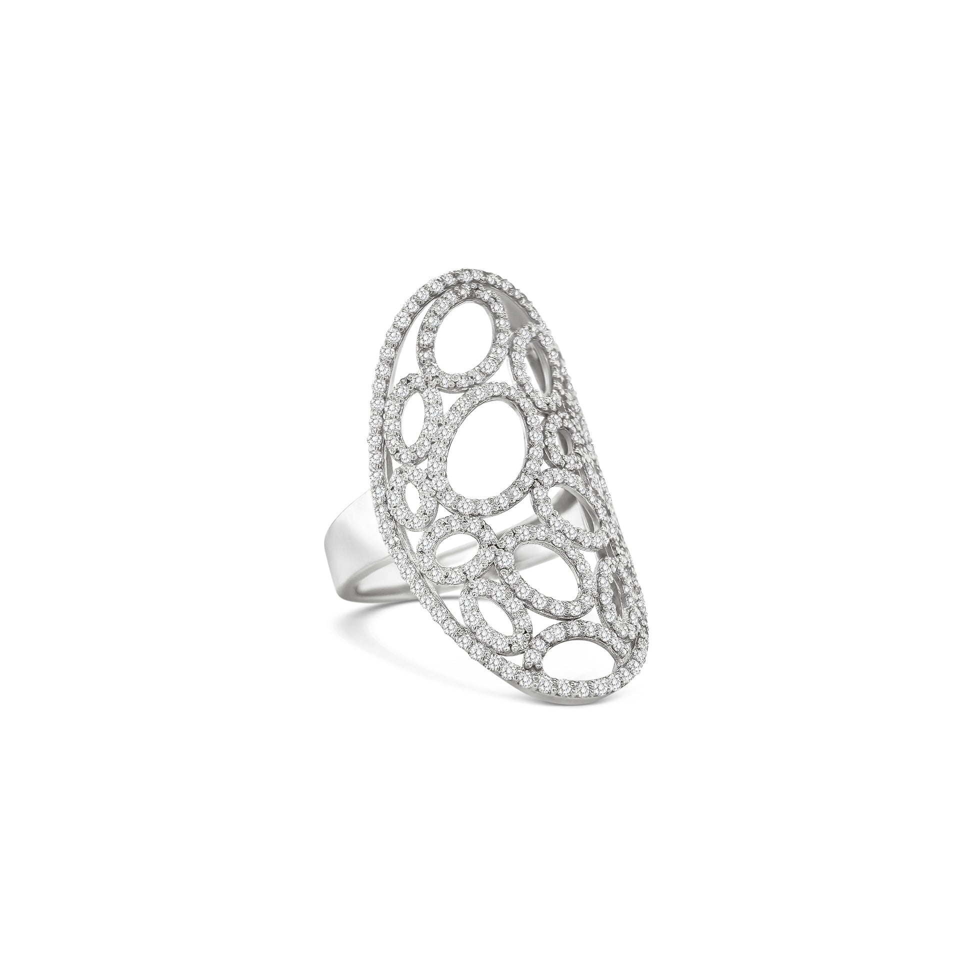 mesh diamond ring, oval cutout ring, openwork diamond ring, sculptural gold ring, pavé diamond statement ring, full finger fashion ring

