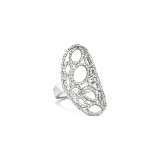 mesh diamond ring, oval cutout ring, openwork diamond ring, sculptural gold ring, pavé diamond statement ring, full finger fashion ring

