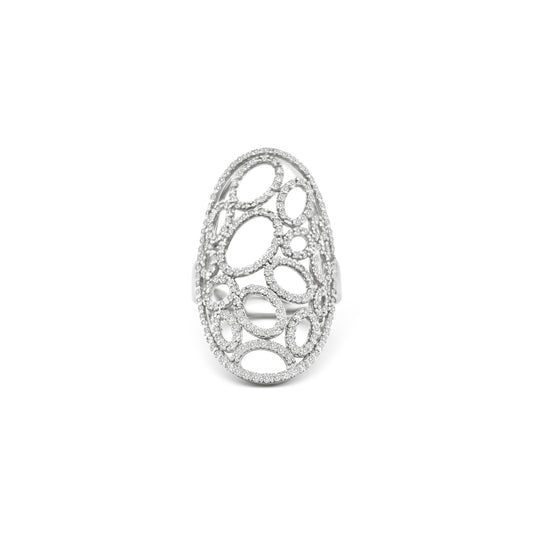 mesh diamond ring, oval cutout ring, openwork diamond ring, sculptural gold ring, pavé diamond statement ring, full finger fashion ring

