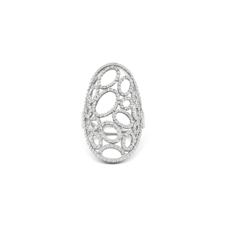 mesh diamond ring, oval cutout ring, openwork diamond ring, sculptural gold ring, pavé diamond statement ring, full finger fashion ring

