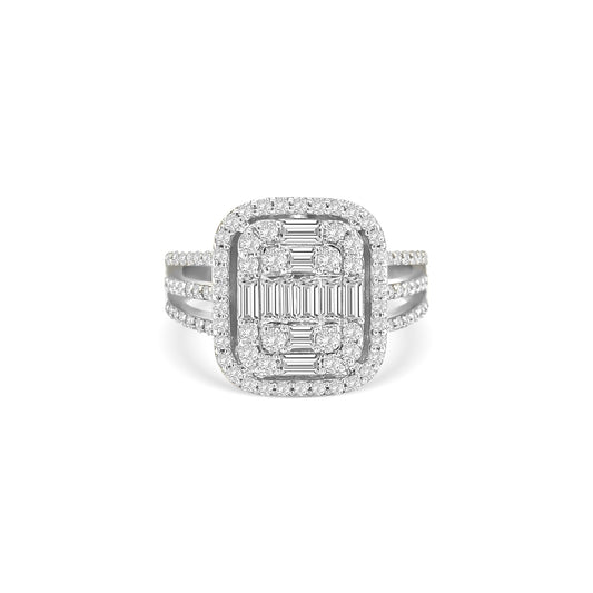 baguette and round brilliant diamond ring, illusion diamond ring, double halo diamond ring, triple band diamond ring, statement cocktail ring, illusion set engagement ring, luxury diamond ring

