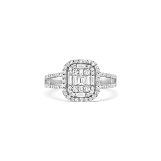 baguette and round brilliant diamond ring, illusion diamond ring, split shank engagement ring, contemporary diamond ring design, double illusion diamond setting, luxury diamond cocktail ring, elegant white gold diamond ring