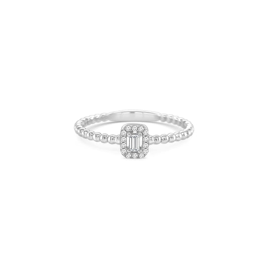 baguette and round brilliant halo ring, petite halo diamond ring, illusion set diamond ring, beaded band diamond ring, dainty diamond ring, modern engagement ring, minimal diamond jewellery

