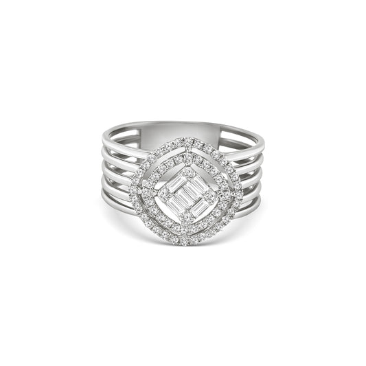 illusion diamond dress ring, baguette and round brilliant ring, double halo diamond ring, geometric diamond ring, wide band diamond ring, statement cocktail ring, multi-row diamond ring

