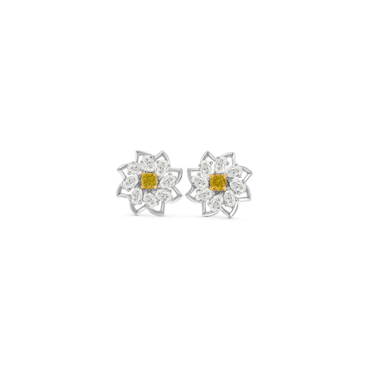 Fancy Yellow Cushion Cut Diamond Cluster Stud Earrings