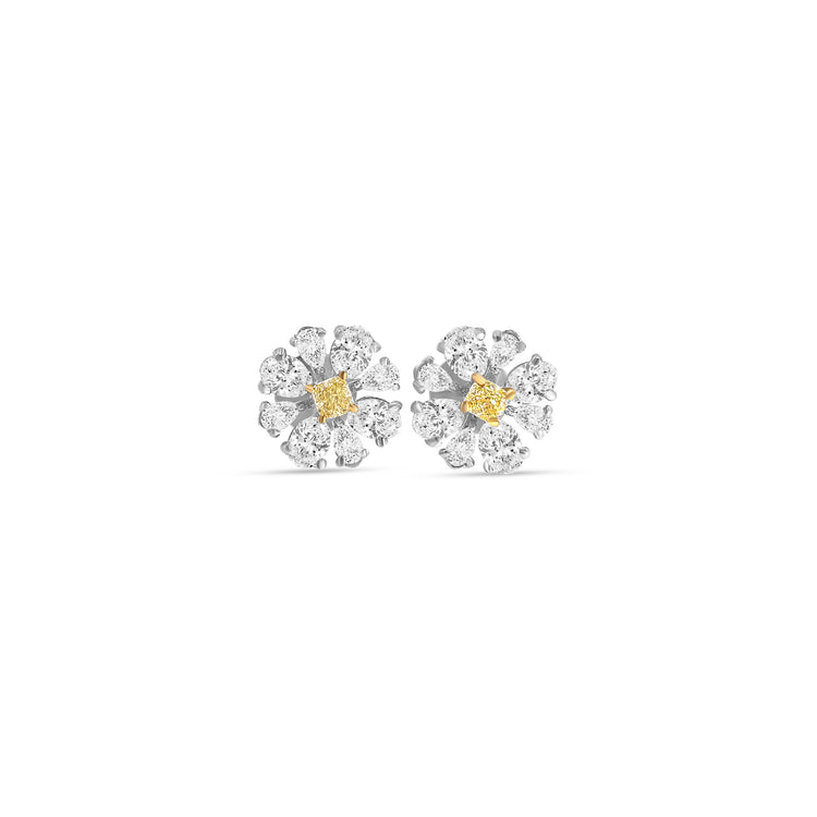 Fancy Yellow Cushion Cut Diamond Flower Cluster Stud Earrings