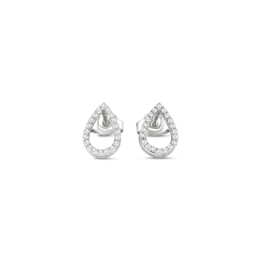 Elegant tear drop halo diamond stud earrings in white gold with sparkling round accent diamonds.