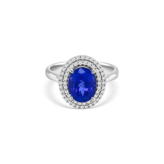 Oval Cut Tanzanite & Diamond Double Halo Ring