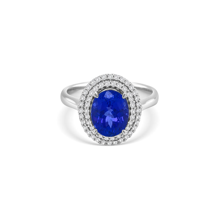 Oval Cut Tanzanite & Diamond Double Halo Ring