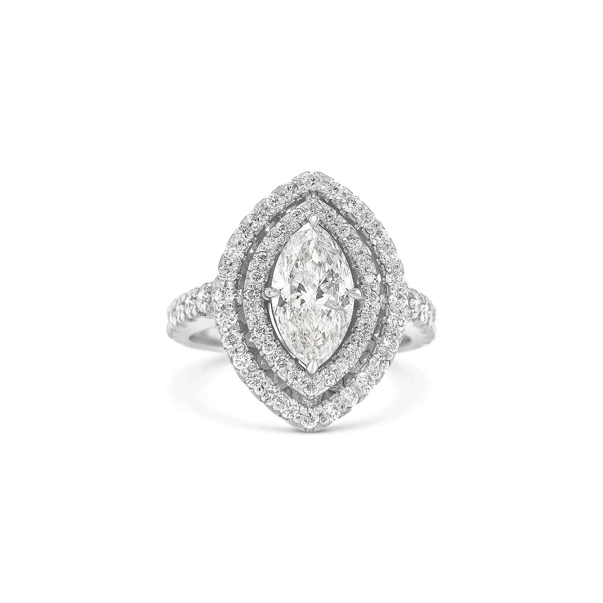 Marquise and round brilliant cut diamond ring with double halo setting, Double halo engagement ring featuring marquise and round brilliant diamonds, Elegant marquise and round diamond ring with sparkling double halo design, Double halo diamond ring showcasing marquise center stone and round accents, Luxury diamond ring with marquise cut center and round brilliant double halo.