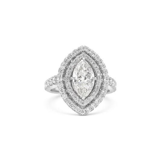 Marquise and round brilliant cut diamond ring with double halo setting, Double halo engagement ring featuring marquise and round brilliant diamonds, Elegant marquise and round diamond ring with sparkling double halo design, Double halo diamond ring showcasing marquise center stone and round accents, Luxury diamond ring with marquise cut center and round brilliant double halo.
