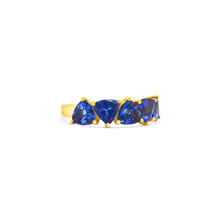 trillion tanzanite ring, half eternity ring, tanzanite eternity band, trillion cut gemstone ring, women’s tanzanite jewelry, fine gemstone ring, luxury eternity band, white gold tanzanite ring, elegant gemstone eternity ring, tanzanite half band