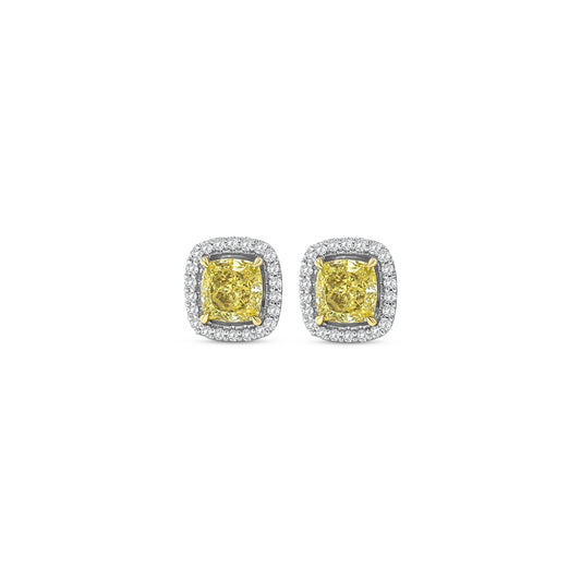 Fancy Yellow Cushion Diamond Halo Stud Earrings