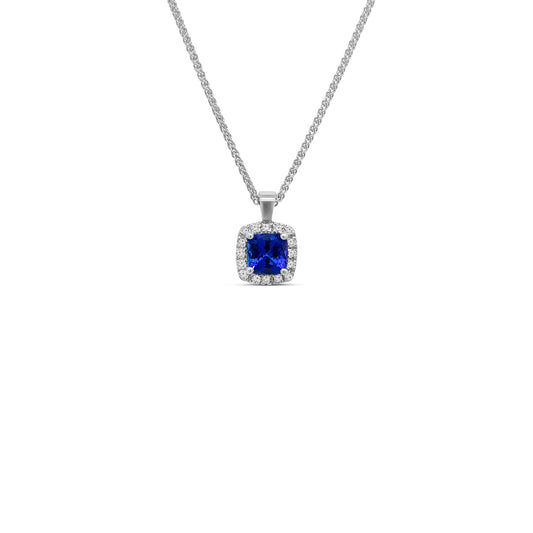cushion cut tanzanite pendant, tanzanite and diamond halo necklace, cushion cut gemstone pendant, elegant tanzanite jewelry, luxury gemstone pendant, white gold tanzanite pendant, cushion tanzanite diamond jewelry, fine jewelry pendant, halo diamond necklace, women’s gemstone jewelry