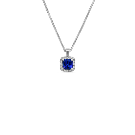 cushion cut tanzanite pendant, tanzanite and diamond halo necklace, cushion cut gemstone pendant, elegant tanzanite jewelry, luxury gemstone pendant, white gold tanzanite pendant, cushion tanzanite diamond jewelry, fine jewelry pendant, halo diamond necklace, women’s gemstone jewelry
