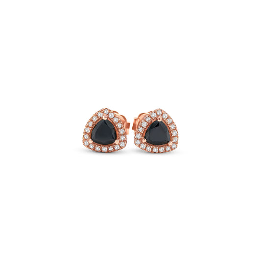 trillion black diamond earrings, black diamond halo studs, white diamond halo earrings, black and white diamond earrings, trillion cut diamond studs, black diamond stud earrings, black diamond jewelry, white diamond accent earrings, luxury black diamond earrings, geometric diamond earrings