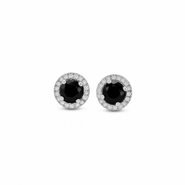 Round Black Diamond Halo Stud Earrings