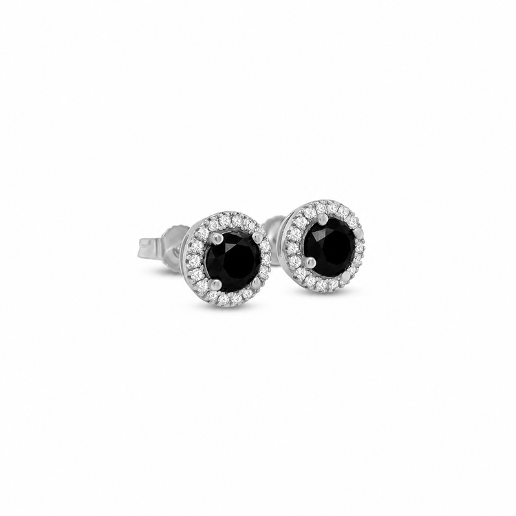 Round Black Diamond Halo Stud Earrings