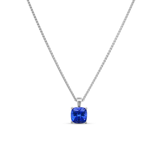 cushion cut tanzanite pendant, blue gemstone necklace, white gold pendant necklace, tanzanite solitaire necklace, elegant gemstone pendant, cushion cut sapphire necklace, minimalist necklace with blue stone, tanzanite jewelry, white gold gemstone chain, cushion cut blue stone necklace


