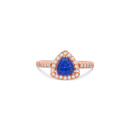 Trillion Tanzanite and Halo Diamond Ring
