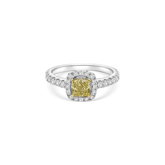 Fancy Yellow Cushion and Diamond Halo Ring