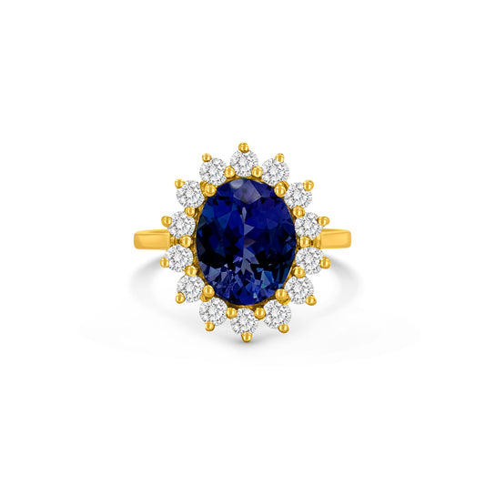 Oval Solitaire Tanzanite Floral Diamond Halo Ring, Oval Tanzanite Solitaire Ring, Floral Diamond Halo Tanzanite Ring, Luxury Tanzanite Diamond Ring, Oval Cut Tanzanite Engagement Ring, Fine Jewelry Tanzanite Ring, Elegant Oval Tanzanite Diamond Ring, Tanzanite Floral Design Halo Ring